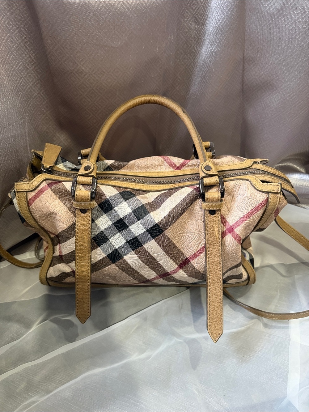 Burberry Pink and Tan Plaid Satchel with Leather Trim